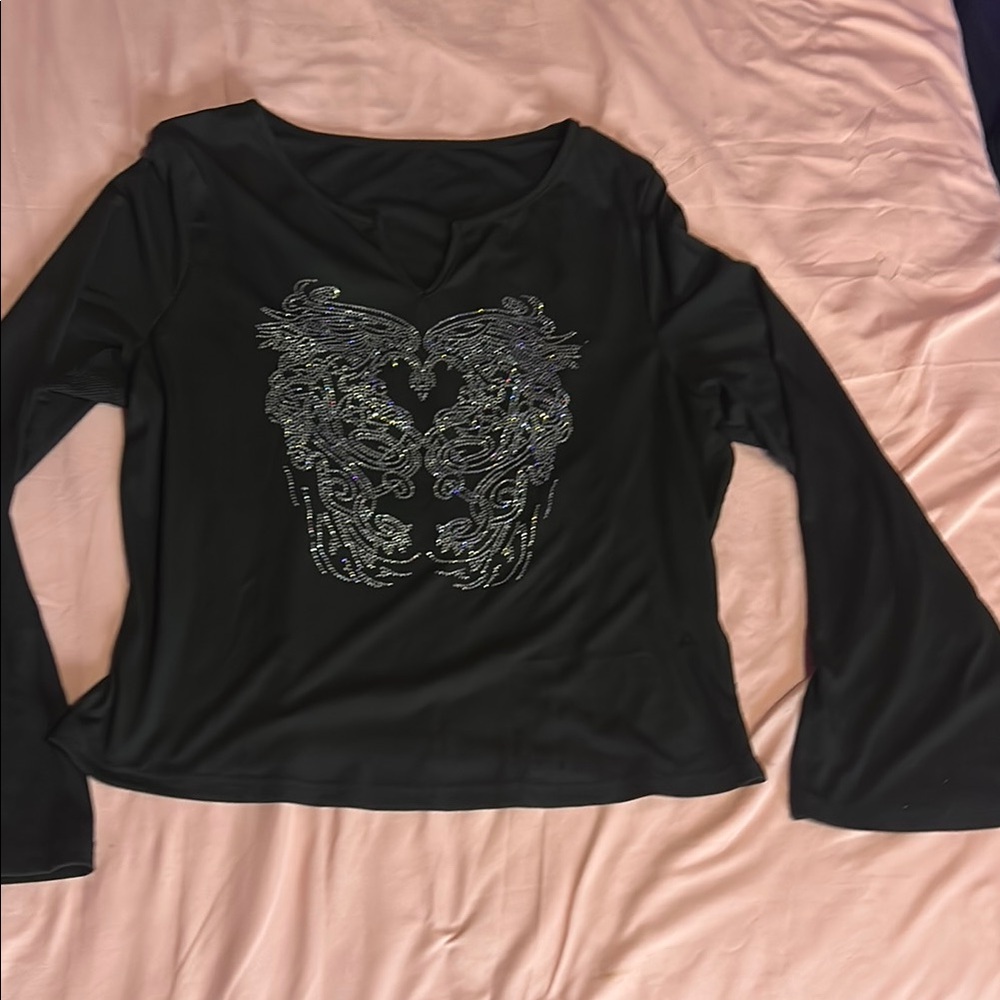 Black Long Sleeve Crop Blouse with Graphic Design